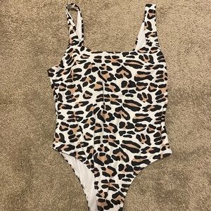 Leopard print one-piece bathing suit.